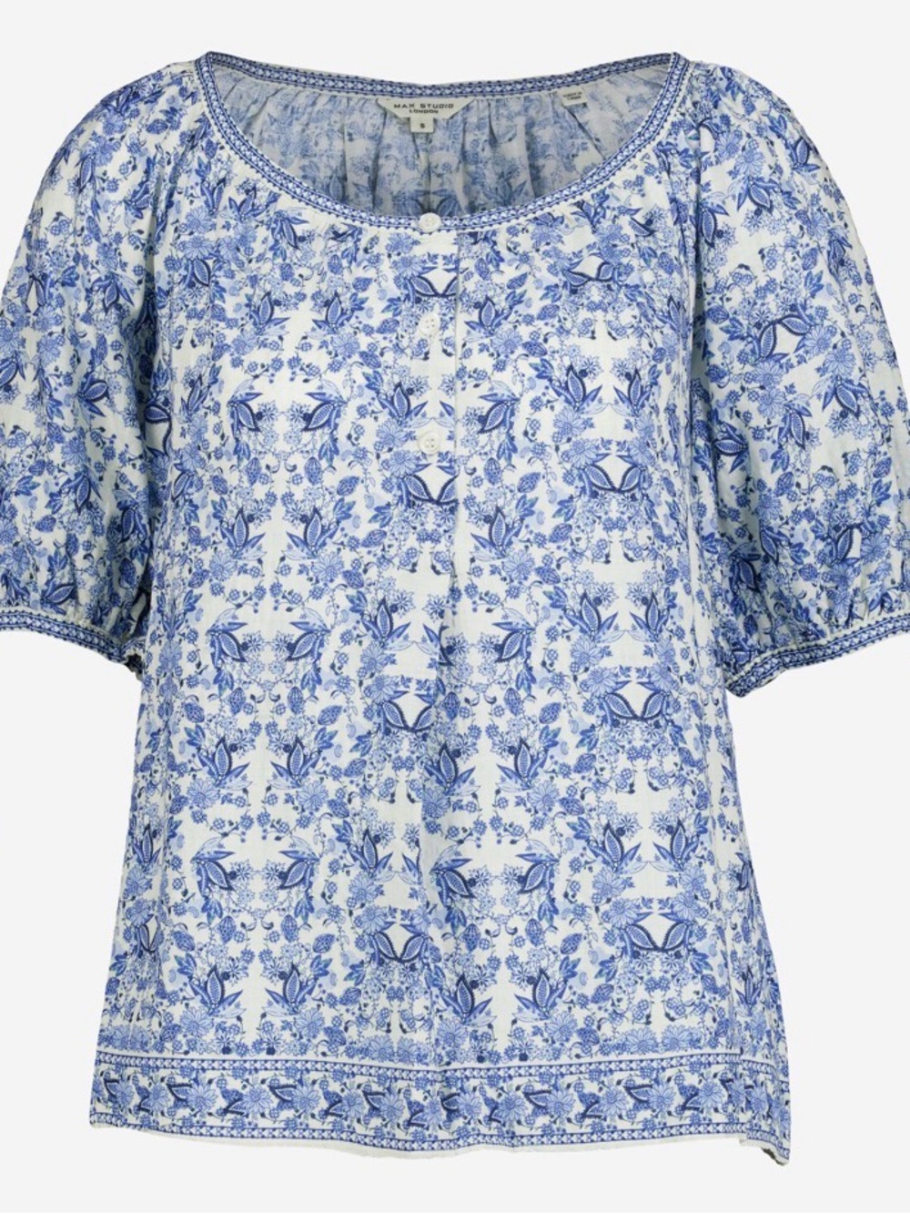 Max Studio London Blue Floral Peasant Top - Women's Short Sleeve